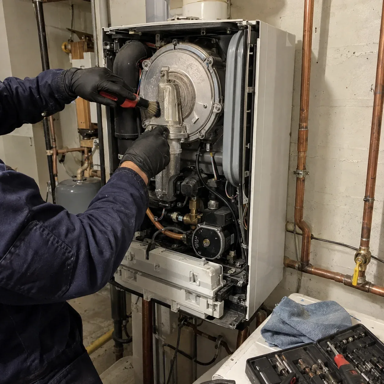 Technician cleaning an older wall-mounted boiler in Ottawa