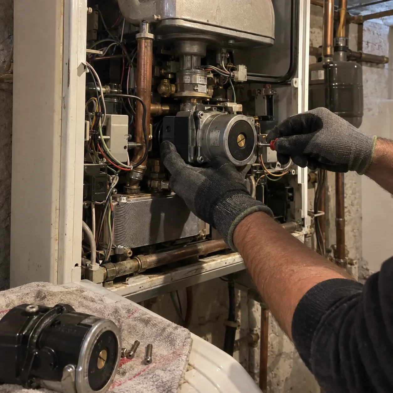 Technician's hands replacing a component inside an older boiler
