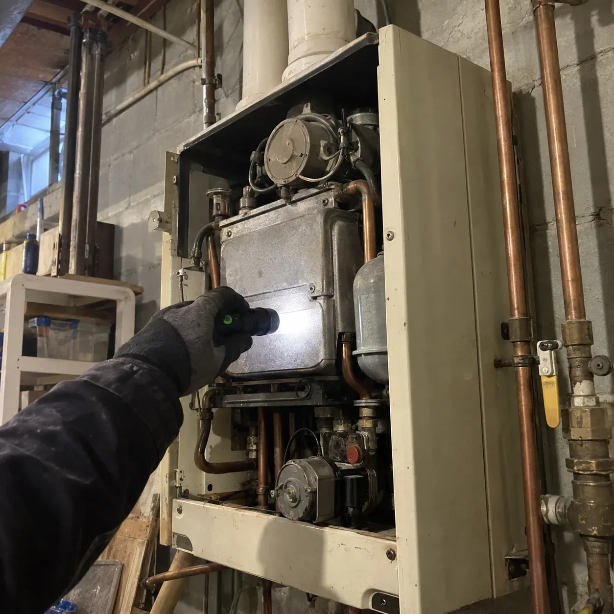 Older wall-mounted boiler showing signs of long-term use