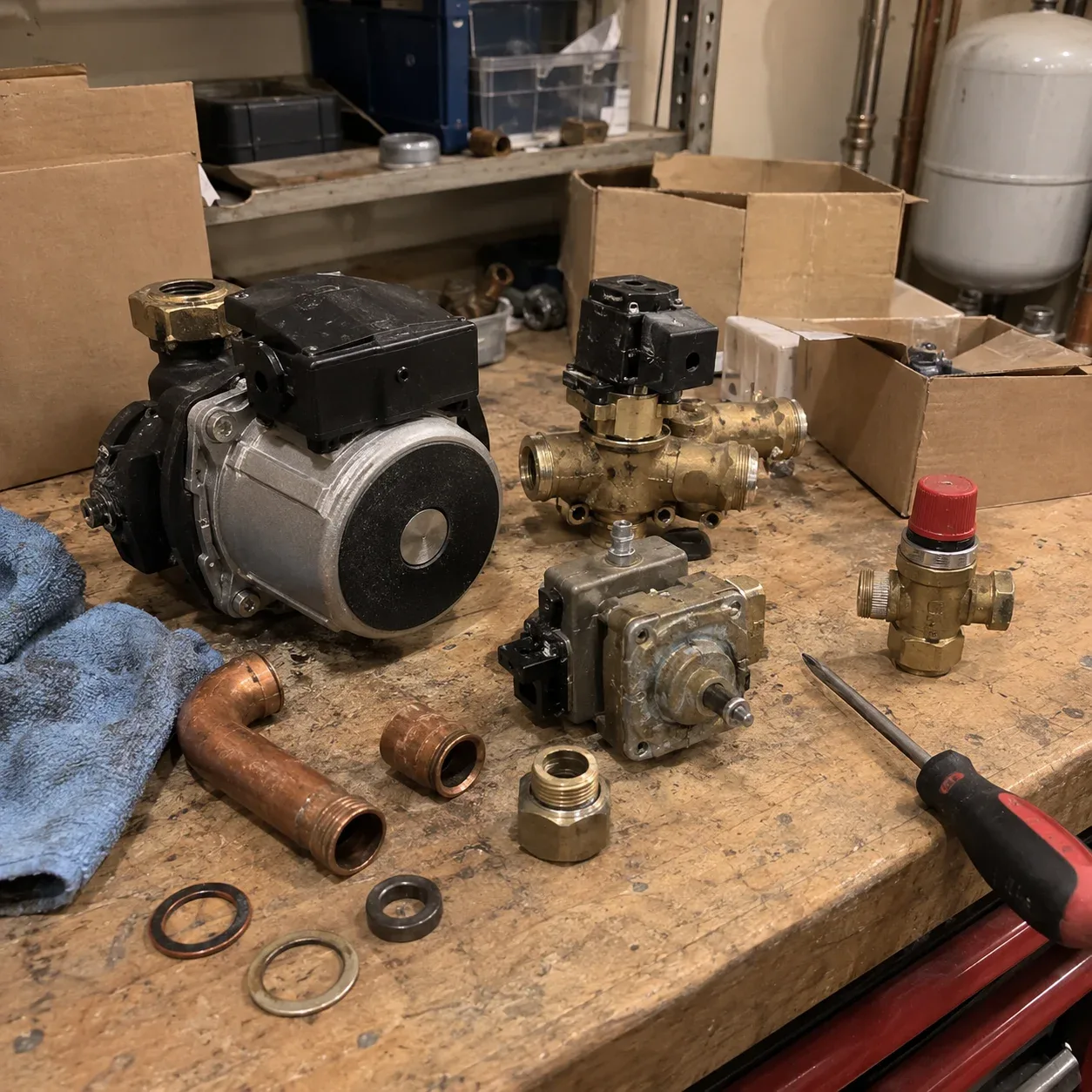 Technician holding a replacement component for an older wall-mounted boiler