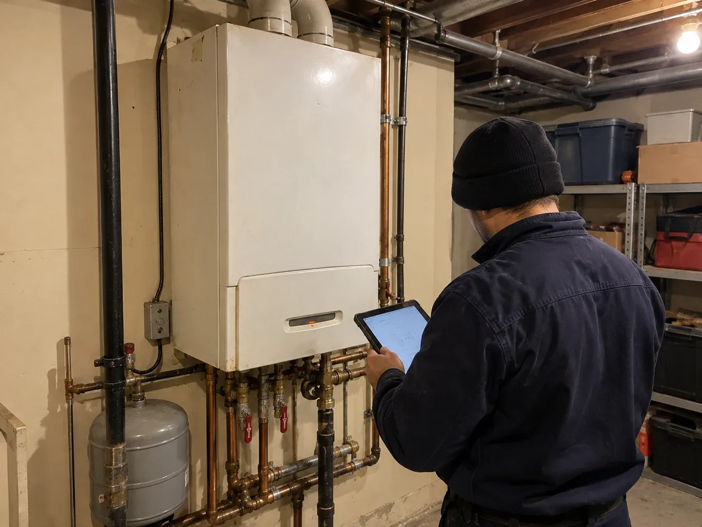 Technician assessing an existing wall-mounted boiler in an Ottawa home