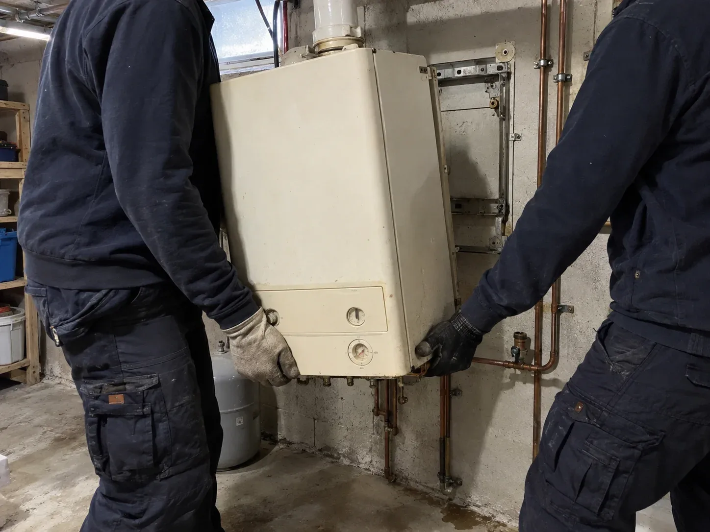 Technician removing an old residential wall-mounted gas boiler