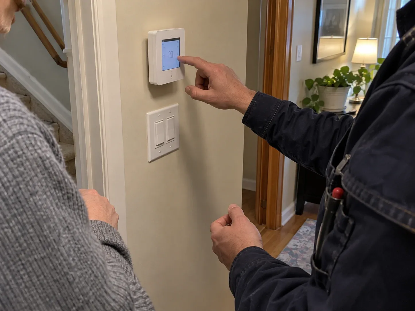 Boiler technician explaining thermostat settings and controls to a homeowner
